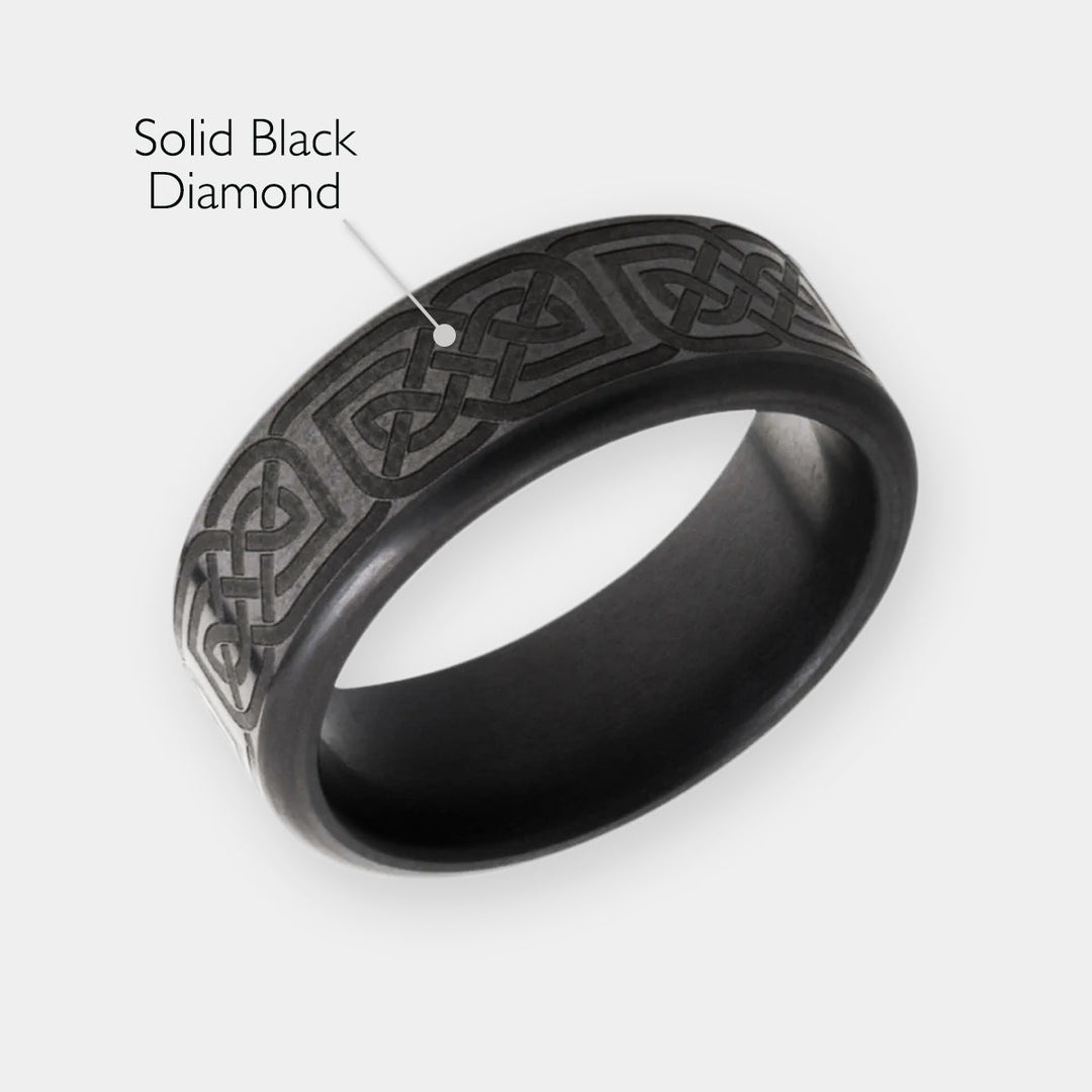 Black Diamond - Men’s Ring 8mm - Celtic Laser Engraved Pattern - KRATOS - Elysium Black Diamond
