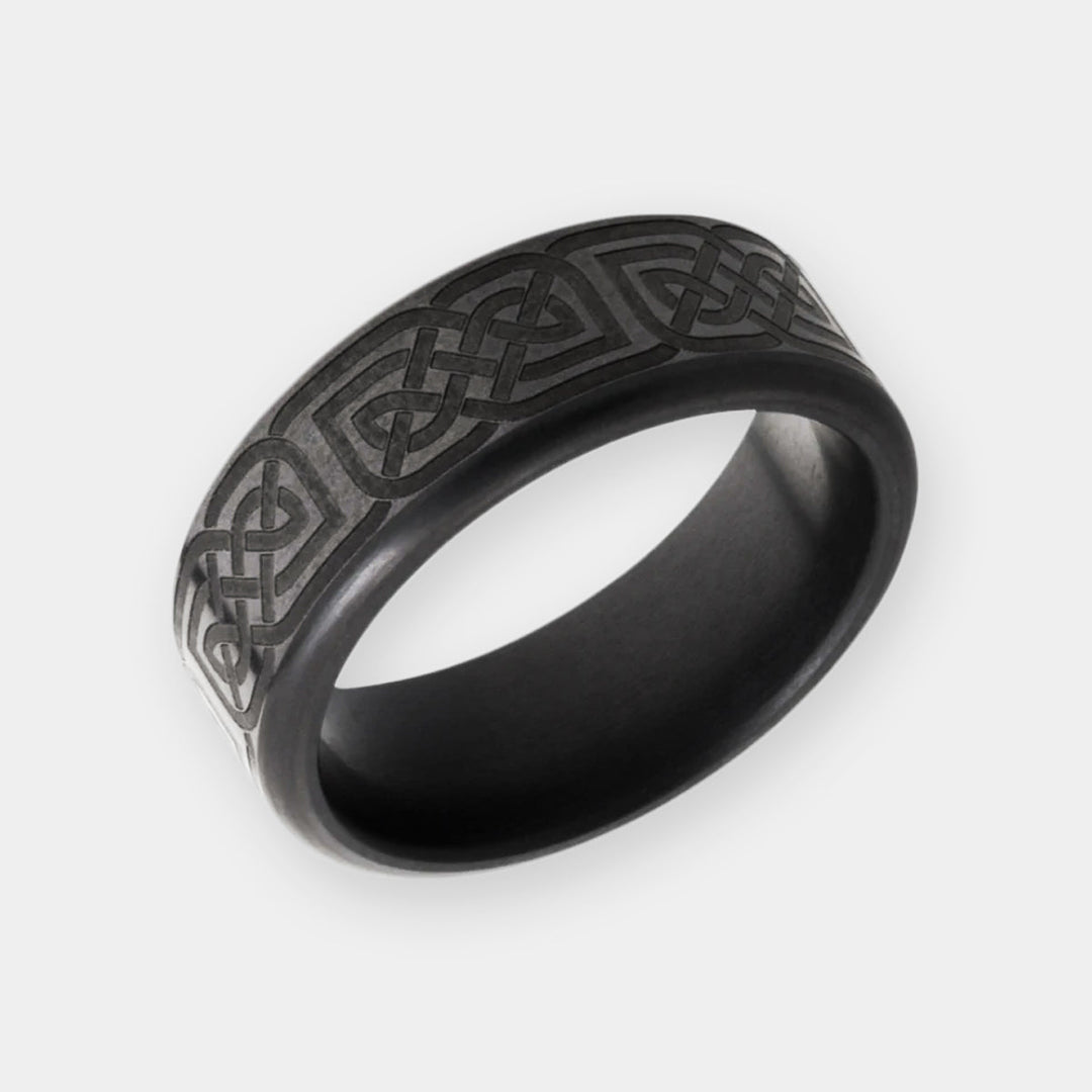 Black Diamond - Men’s Ring 8mm - Celtic Laser Engraved Pattern - KRATOS - Elysium Black Diamond