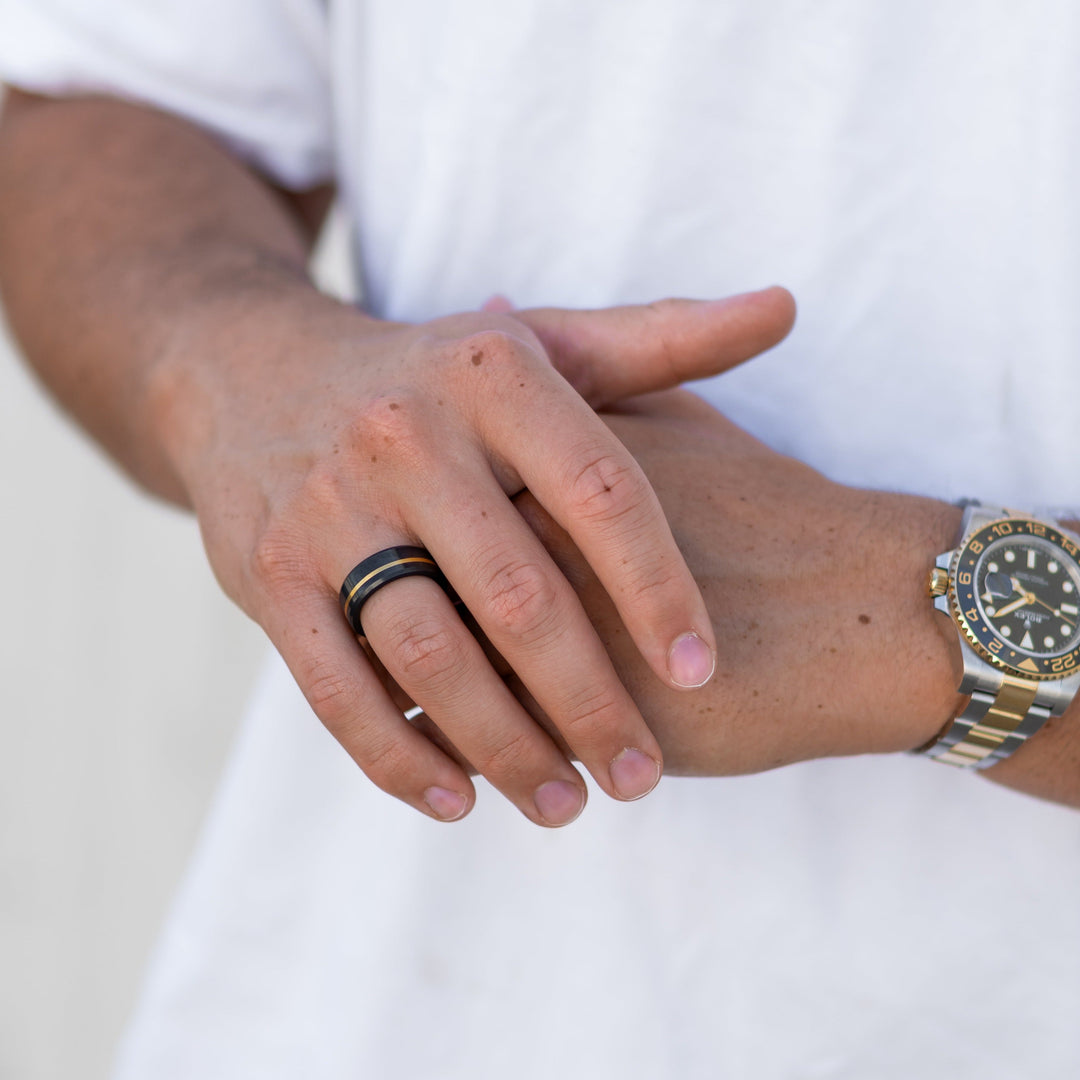 Black Diamond - Men’s Ring 8mm - Offset Inlay Gold - ARES - Elysium Black Diamond