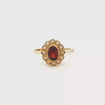 Load and play video in Gallery viewer, 9ct Gold Multistone Ring with Cabochon Garnet and Pearl Accents