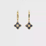 Load and play video in Gallery viewer, Yellow Gold Dangle Earrings with Royal Blue stone and CZ Floral Quatrefoil