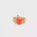 Load and play video in Gallery viewer, Orangy Red Coral Cabochon Yellow Gold Engraved Signet Ring