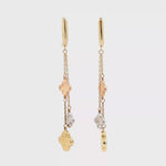 Load and play video in Gallery viewer, Tri-Color Clover Yellow Gold Dangle Earrings