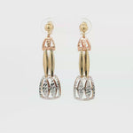 Load and play video in Gallery viewer, Elegant 14ct Triple Tone Gold Dangle Earrings with Geometric Design