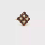 Load and play video in Gallery viewer, 9ct Gold Ring with Round Garnets &amp; Pearls